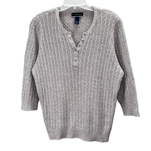 Karen Scott Henley Sweater size L Gray Cable Knit 3/4 Sleeve - Picture 1 of 4